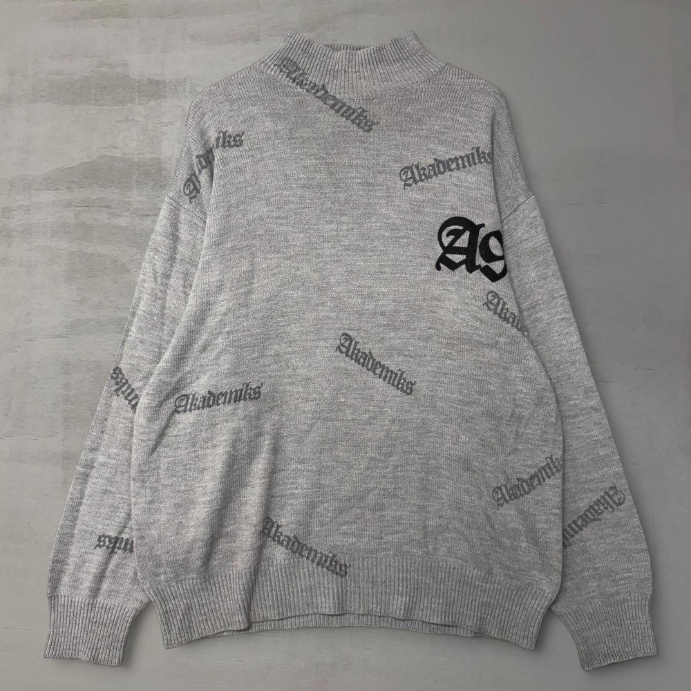 Y2K Akademiks‎ Mock Neck Sweater Grey All Over Logo Gothic Print XL